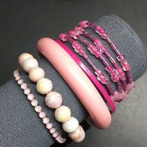 Pink Bracelet Lot Stretch Memory Bangle Rhinestone Frosty Seed Bead Tube Barbie